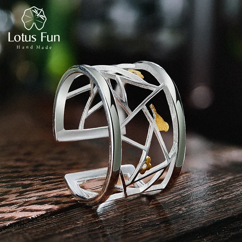 Yüzükler Lotus Fun Real 925 Sterling Gümüş Açık Yüzük Güzel Takı Oriental Element Pencere Dekorasyonu Kağıtkaz Tasarım Yüzükler Kadınlar için