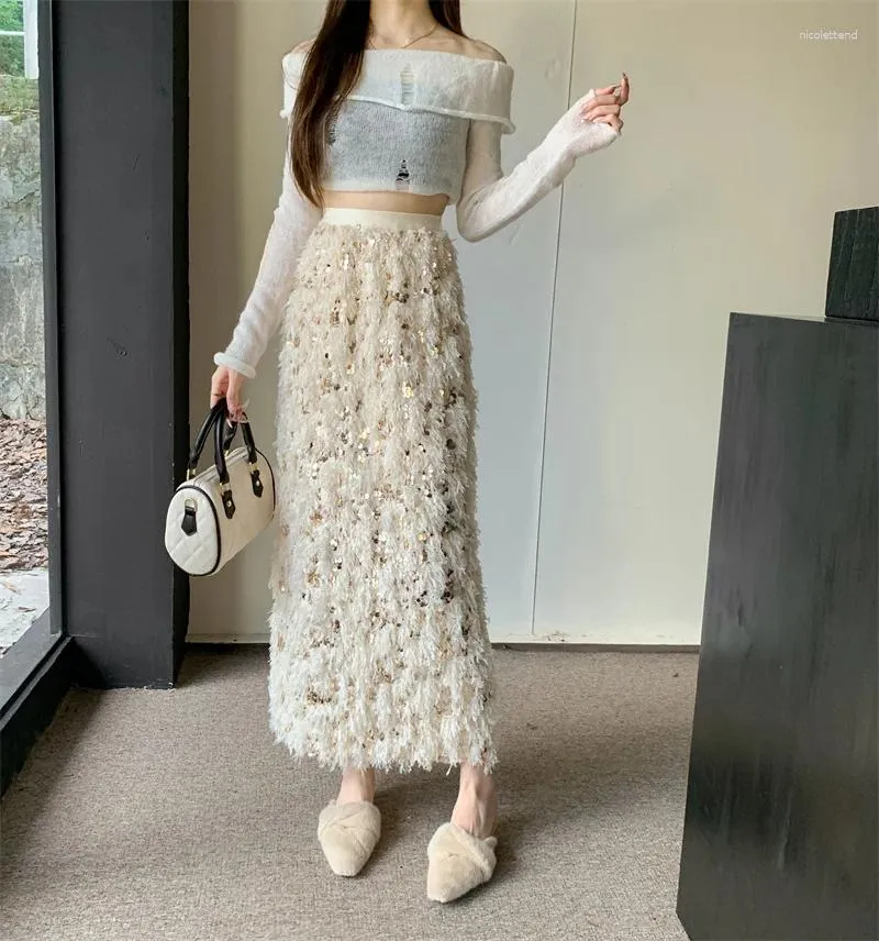 Kjolar fransade kvinnor hög midja midi paljett elegant koreansk mode baksida a-line lös en enkel all-match faldas