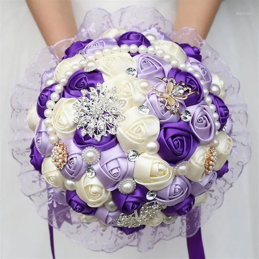 Large Purple Bridal Wedding Bouquet Pearl Bridesmaid Artificial Flowers Buque De Noiva Diamond Bouquets Marriage Gift W2801304P