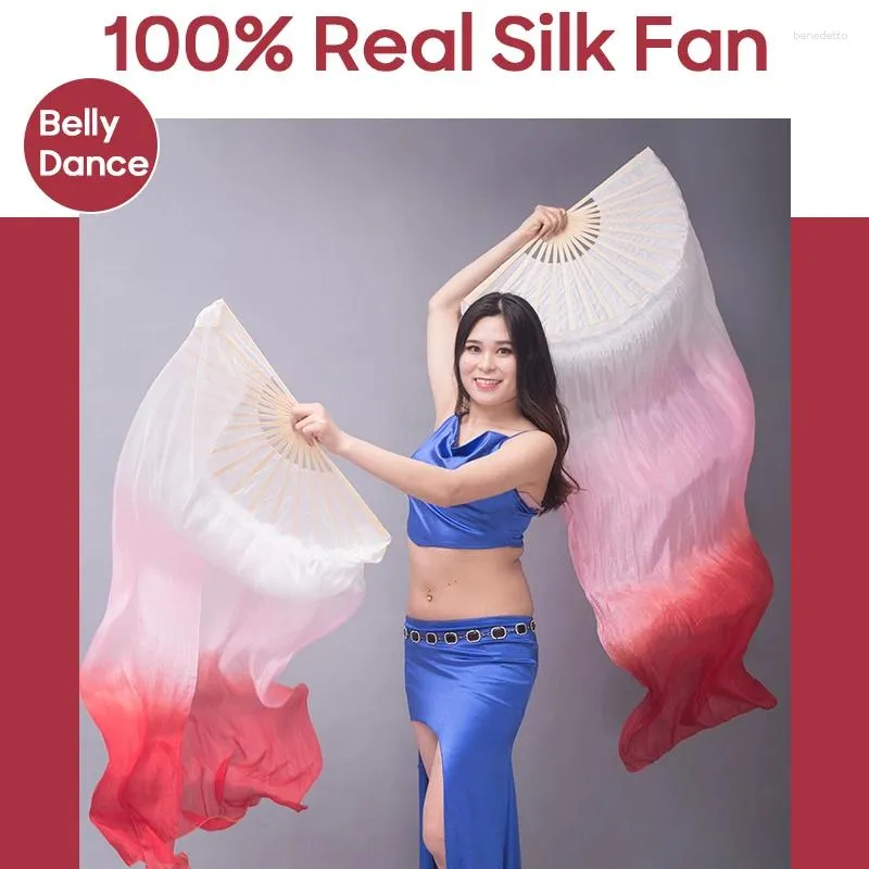 Stage Wear Belly Dance Accessories Real Silk Fan 1 Par Gradient Färg för dansare Practice and Performance 150/180x90cm lång