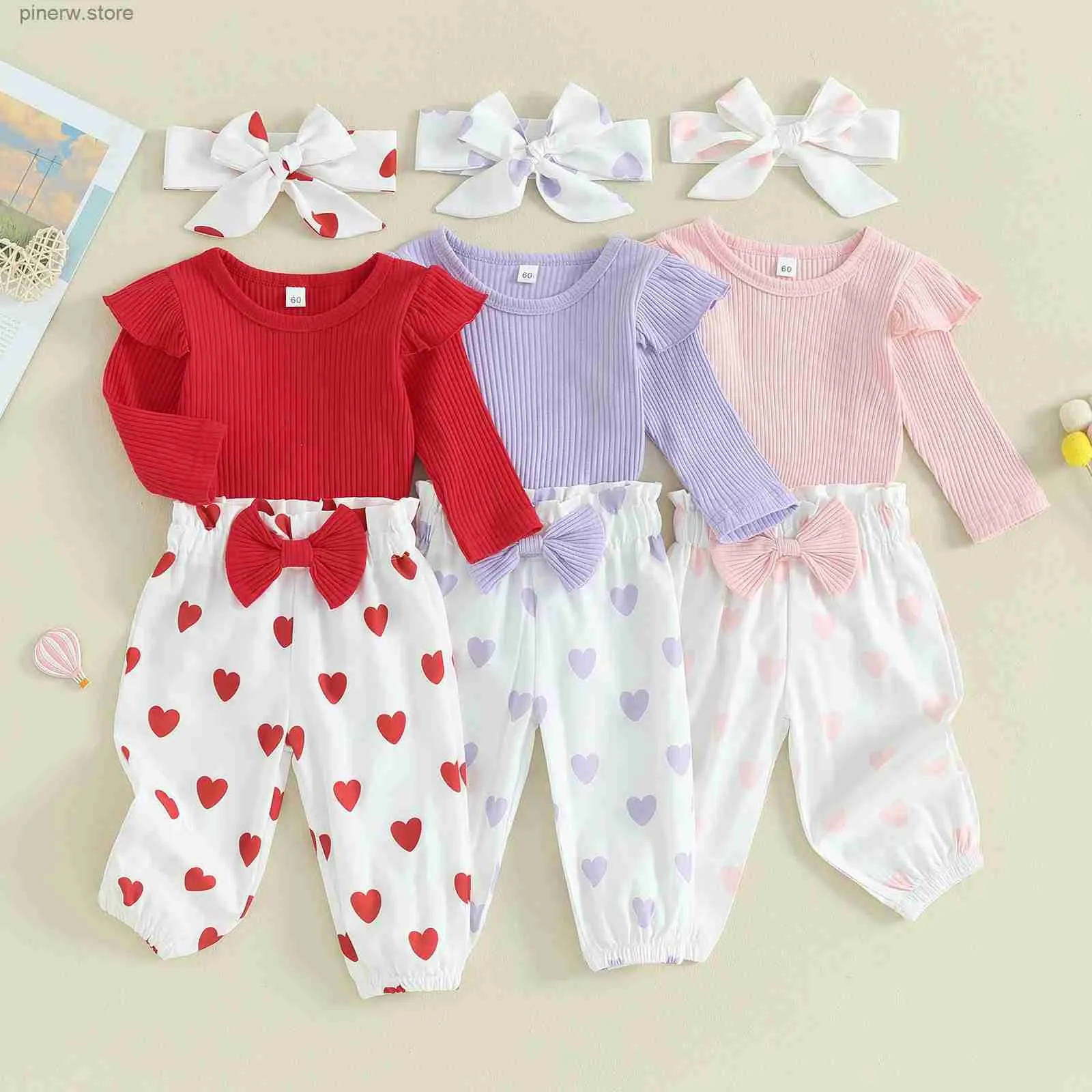 Kläder set MA Baby 0-18m Valentine's Day Nyfödda Baby Girl Cloths Set Knit Romper Heart Print Pants Pannband Spädbarn Toddlerutrustning D05