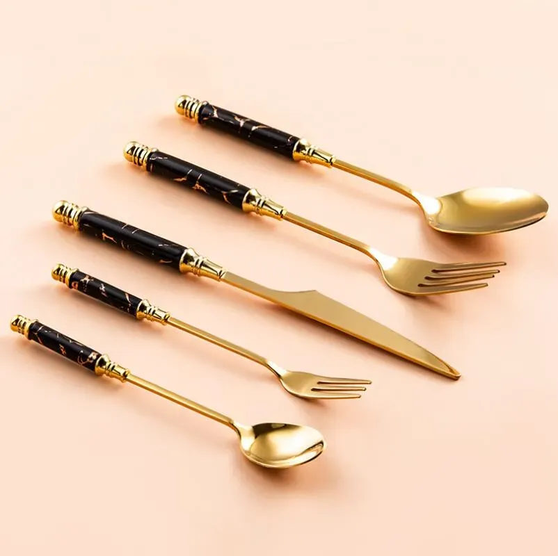 Stainless Steel Gold Flatware Sets Knife fork Spoon set Fruit Forks Ceramic Long Handle Used For Pastry Party Snail Restaurant