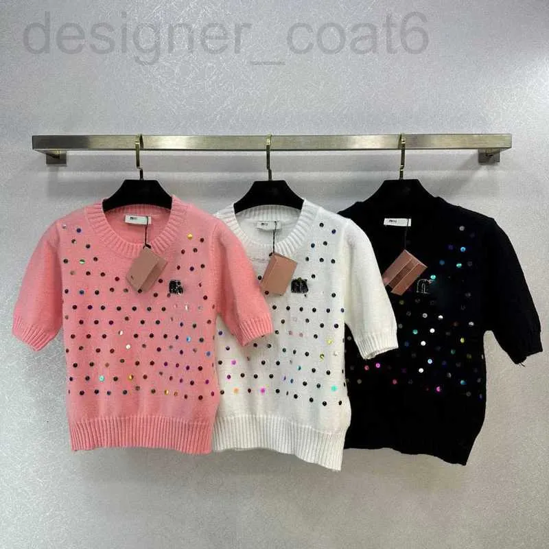 Kvinnors stickor tees designer tidigt vår ny miu nanyou gaoding leisure harajuku stil paljett tung industri nagel pärla pullover stickad kort ärm topp yacy