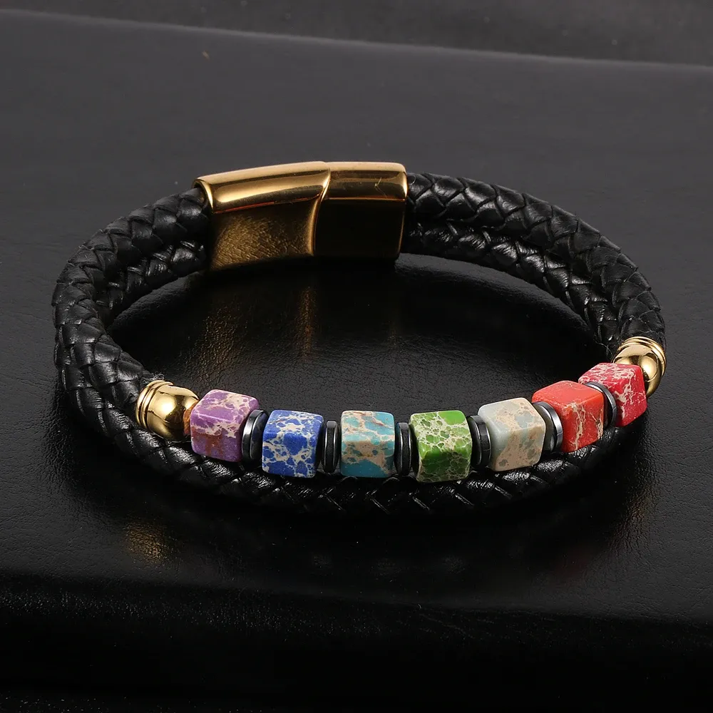 Bangle Women Men Genuine Leather Natural Stone Cube Jasper 7 Chakras Bead Bracelets Colorful Yoga Healing Pulseiras Masculina Wristband