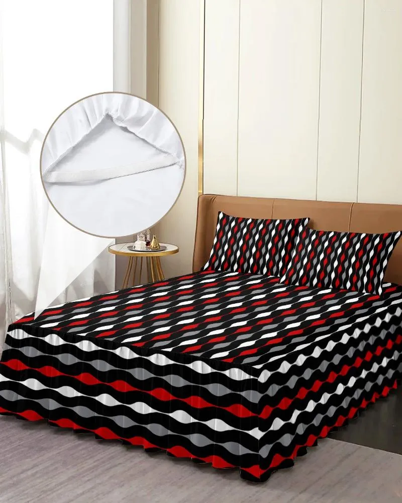 Gonna da letto a righe geometriche rosso nero bianco copriletto elasticizzato con federe coprimaterasso lenzuolo