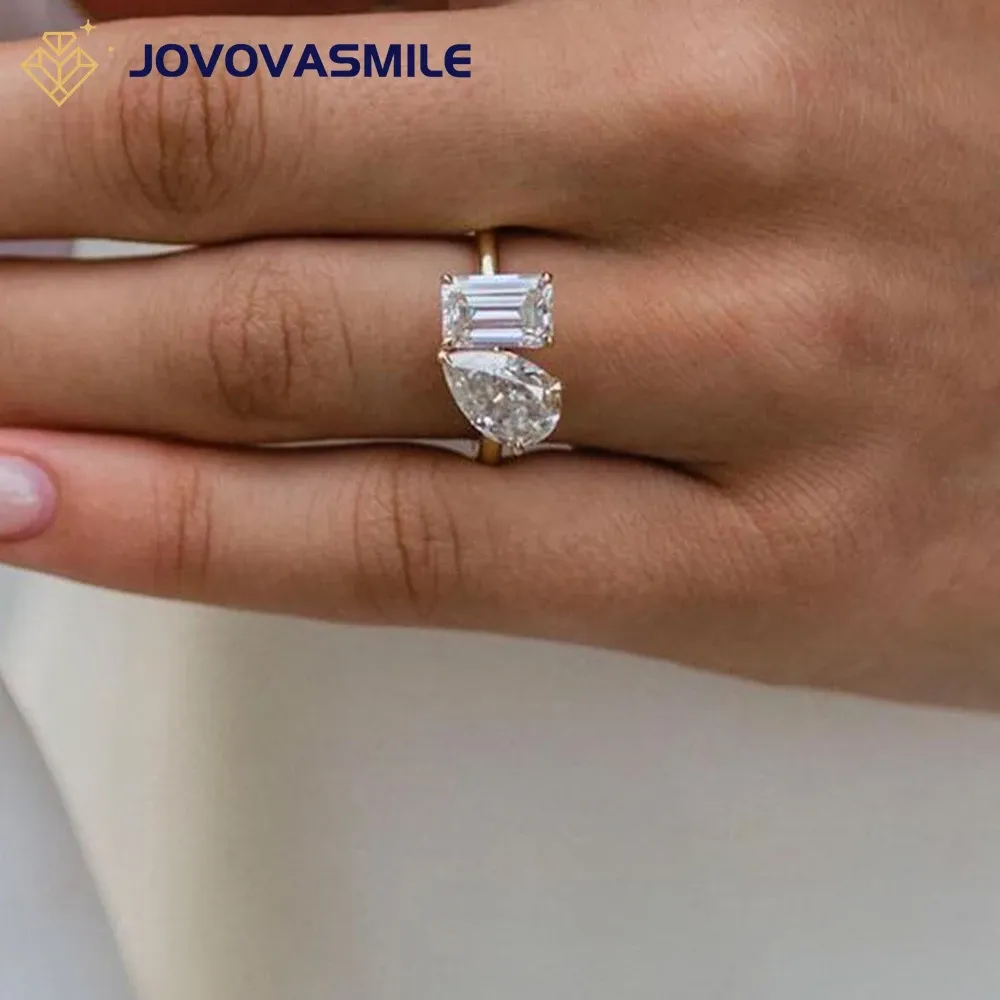 Кольца Jovovasmile Чистые украшения Moissanite Кольцо из раздавленного льда 2,5CT Груша и 2CT Emerald Cut Real Original Gold для женщины свадьба
