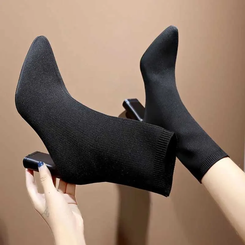 Boots Simple fashion stretch socks boots women's high heels shoes knit socks boots skinny women pointed autumn and winter bare bootsL2401