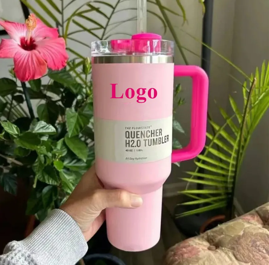 Pink Flamingo with 1:1 logo Quenched H2.0 40oz tumblers cups With handle lid and straw insulated Travel car Mugs stainless steel coffee Taimo tumbler 1228