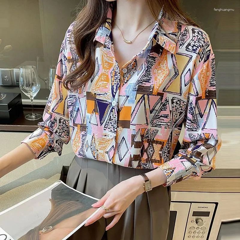 Women's Blouses For Women Dressy Casual Colorful Long Sleeve Shirt Korean Style Geometry Print Tops Loose Office Shirts Camisas De Mujer