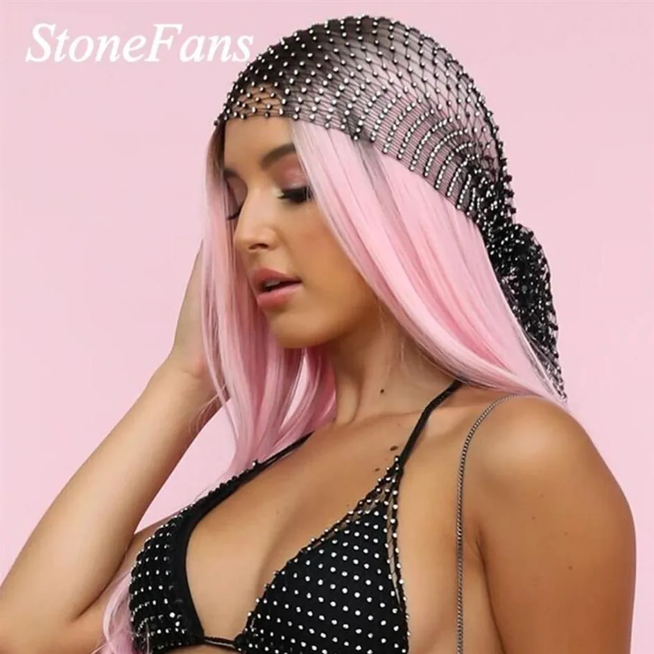 Stonefans Handmade Bling Crystal Head Scarf Tassel Jewelry for Women Fashion Rhinestone Head Accessories Svart pannband ihåligt J012832