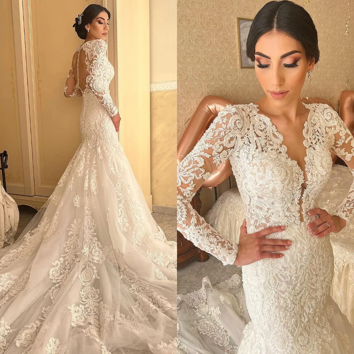 Lace V-Neck Lace-Up Back Long Sleeve Mermaid Wedding Dress main image 0