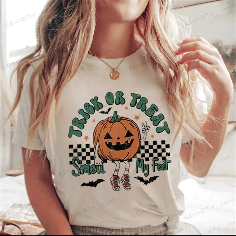 Camiseta feminina impressão branca carta dos desenhos animados halloween outono casual camiseta roupas tendência 90s mulheres t vêm senhoras imprimir camisetas gráficas t240129