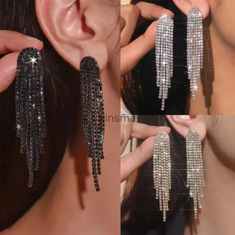 Stud fyuan moda uzun püskül damla damla küpeler kadınlar için siyah altın gümüş renk rhinestone sarkan küpe düğün partisi takılar yq240129