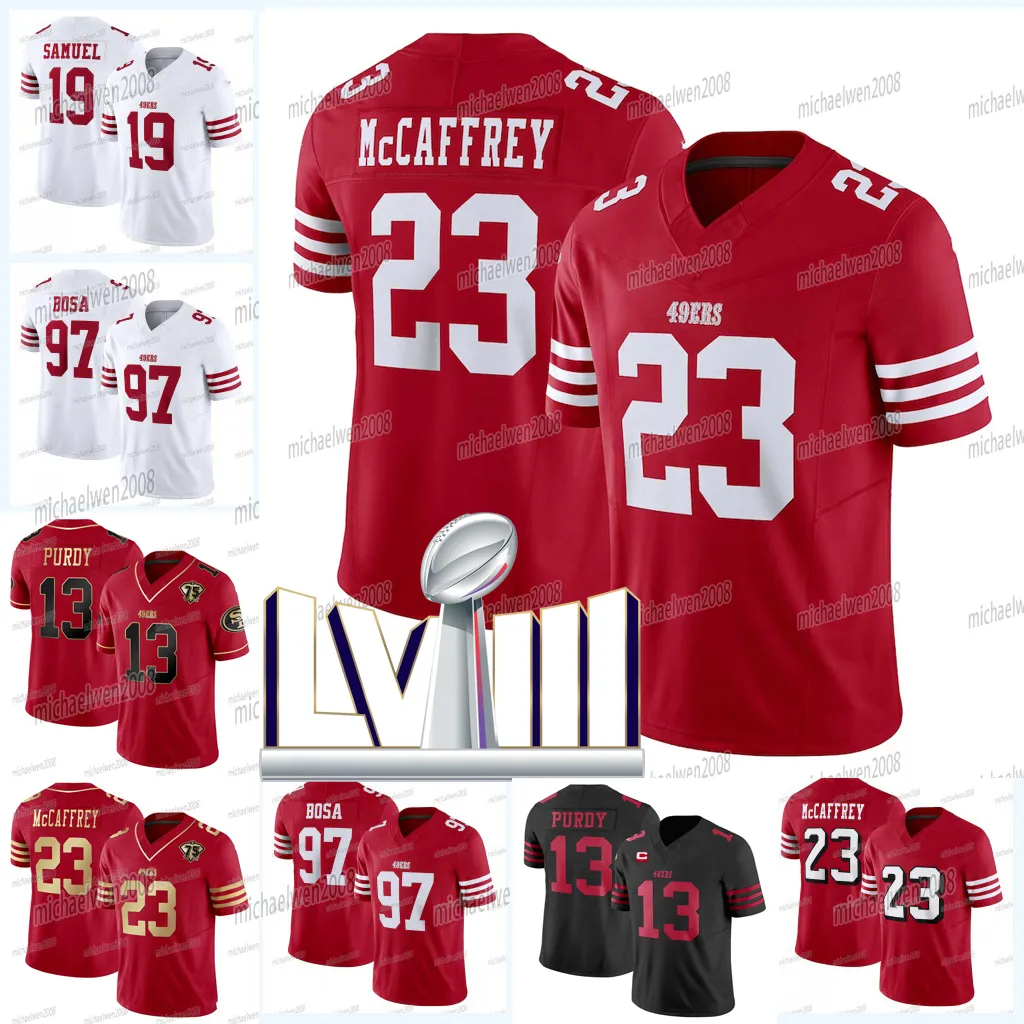 SF Christian McCaffrey Brock Purdy 49ers Maillots de football Nick Bosa George Kittle Deebo Samuel Fred Warner Jerry Rice Montana Talanoa Hufanga Trent Williams Aiyuk