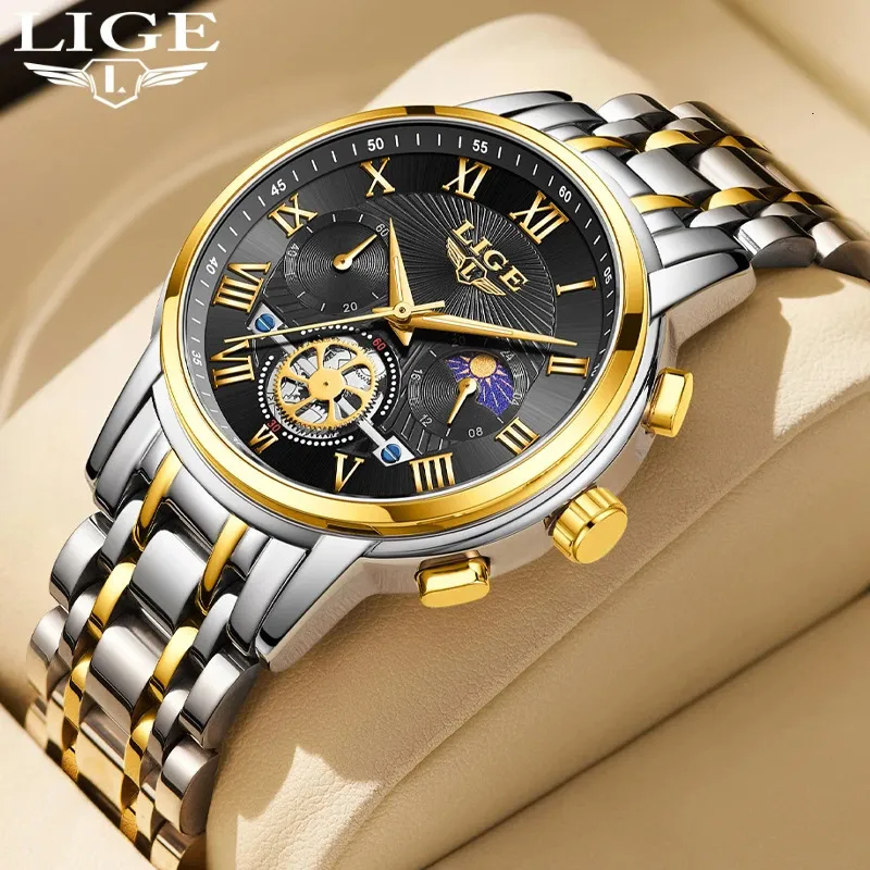 LIGE Mens Watches Analog Quartz Business Stainless Steel Waterproof Luminous Chronograph Luxury Moon Phase Watch Men Clock Gift 240125