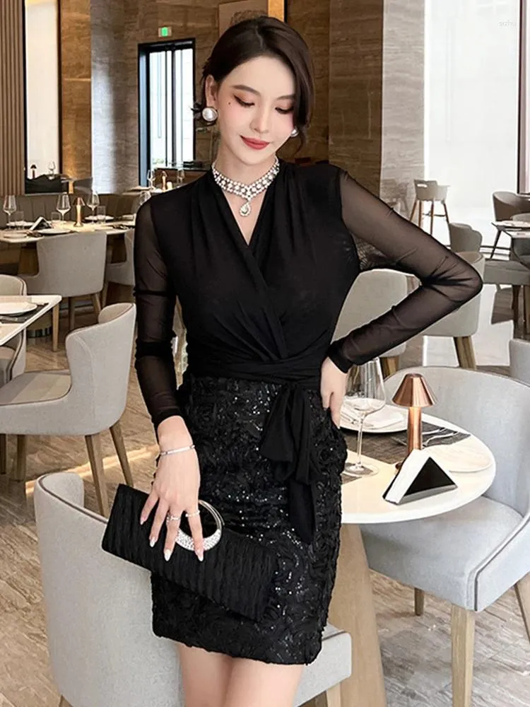 Casual Dresses Spring Elegant Sexy For Women 2024 Black Sheer Mesh Office Party Dress Bandage paljetter Flower Mini Glown Bodycon Vestidos