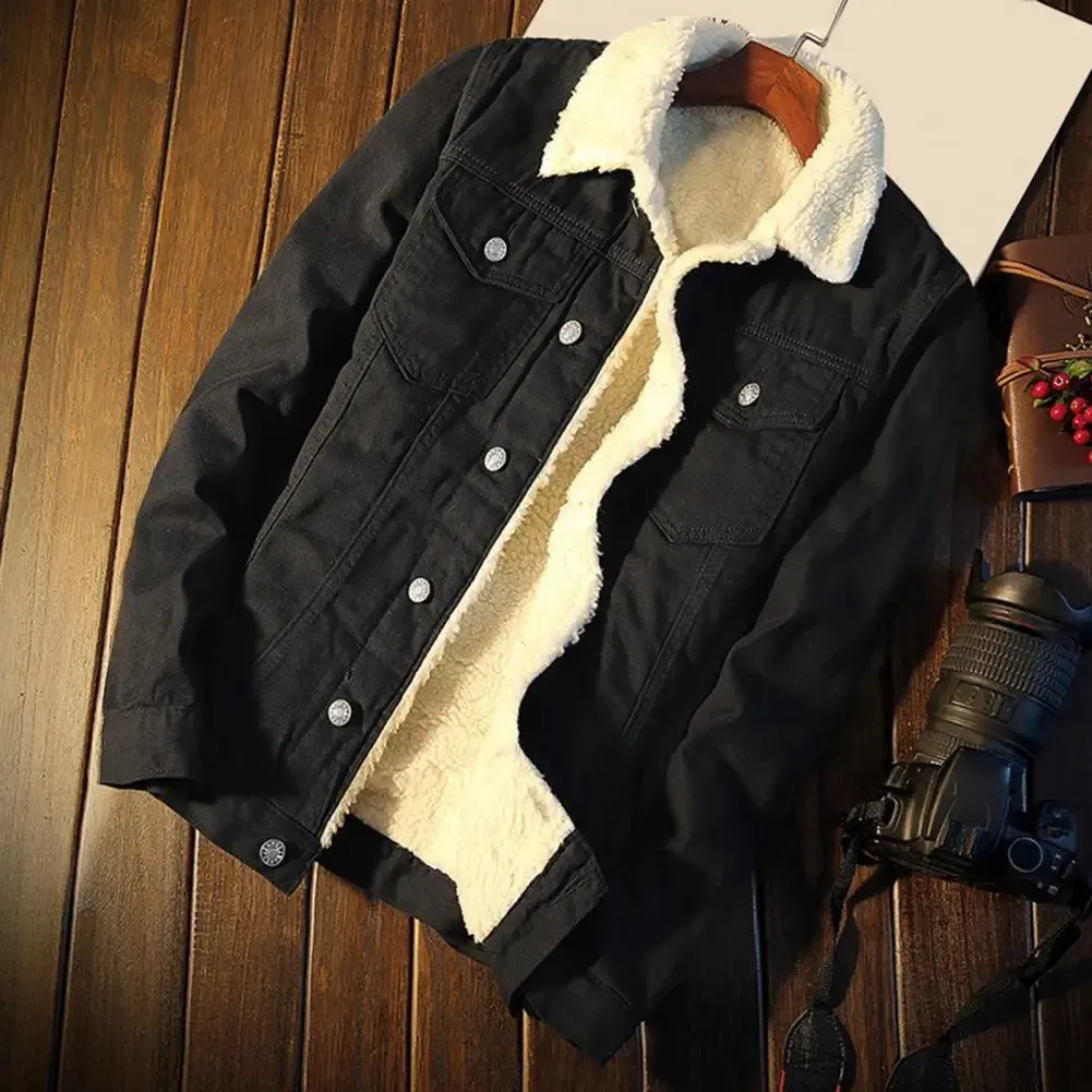 Super Soft Lapel Buttons Jean Jacket Winter Men Jean Outerwear Solid Color for Office 240119