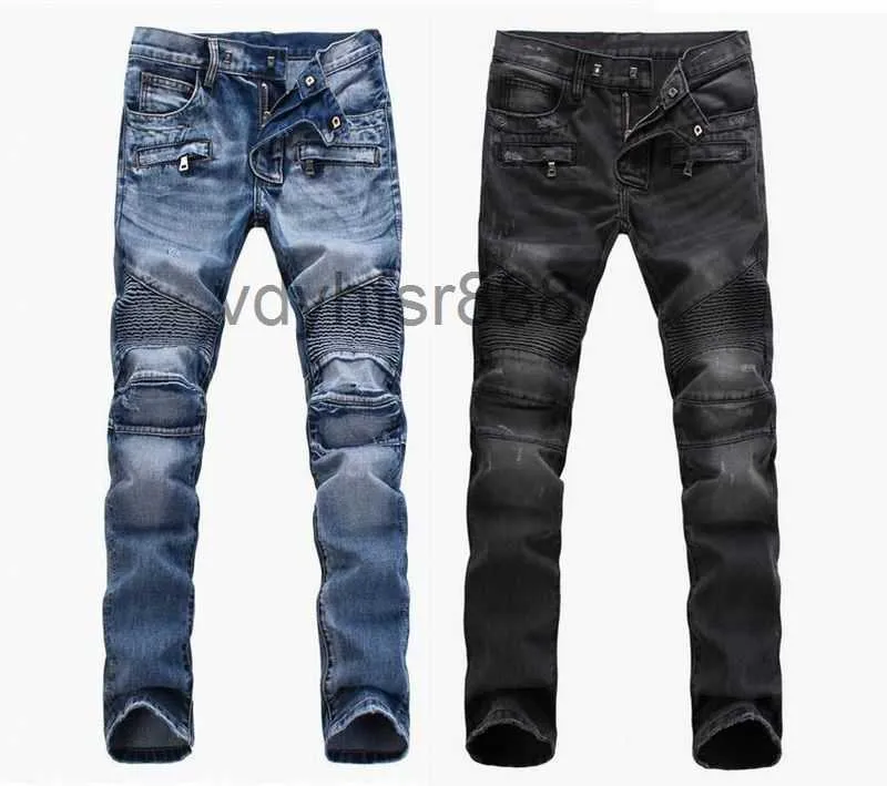 Mode Hommes Commerce Extérieur Bleu Clair Noir Jeans Pantalons Moto Biker Hommes Lavage Pour Faire Le Vieux Pantalon Pli Casual Piste L11X
