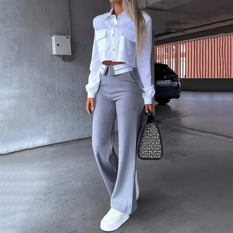 2023 Autumn and Winter Women's Two Piece Office Simple Solid Polo Collar Long sleeved White Top Gray Pants Set Black Elegant Y2K 240129