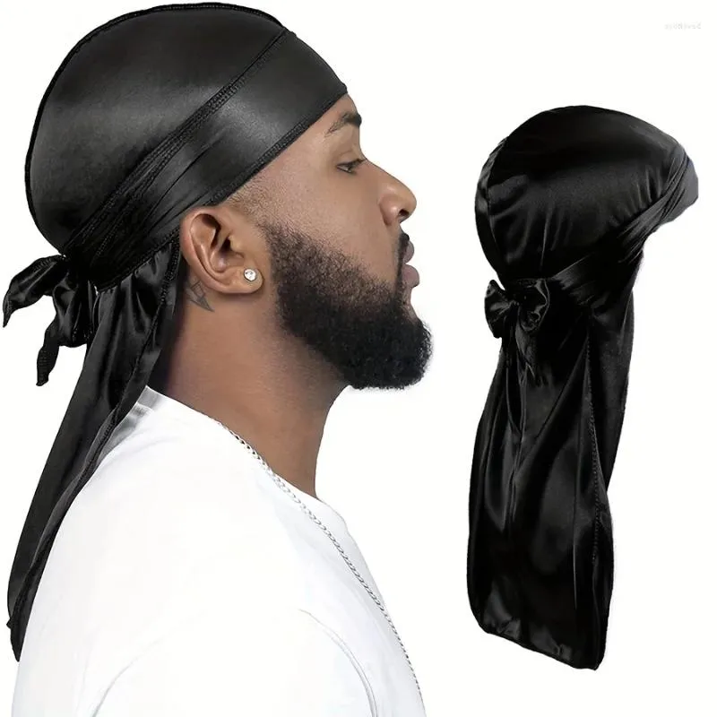 Basker 1pc Men'sSilky Turbanhead Wraphat Perk för män Kvinnor Satin Par Biker Headwear Headband Hårtillbehör extra lång svanshattar