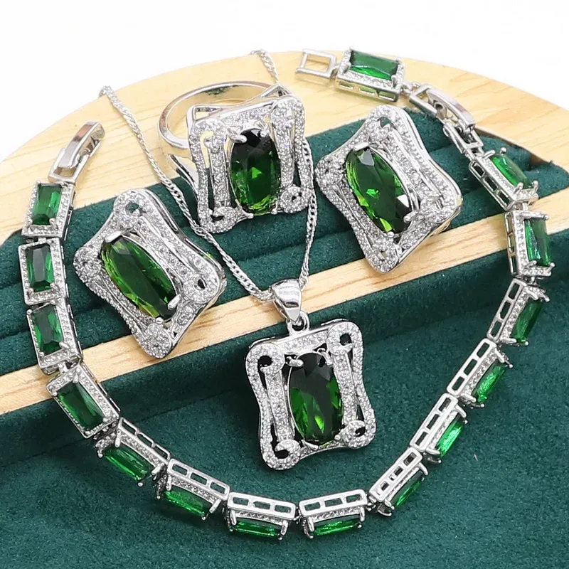 Colar geométrico verde esmeralda 925 conjunto de jóias de prata esterlina para mulheres pulseira brincos de argola colar pingente anel presente de aniversário