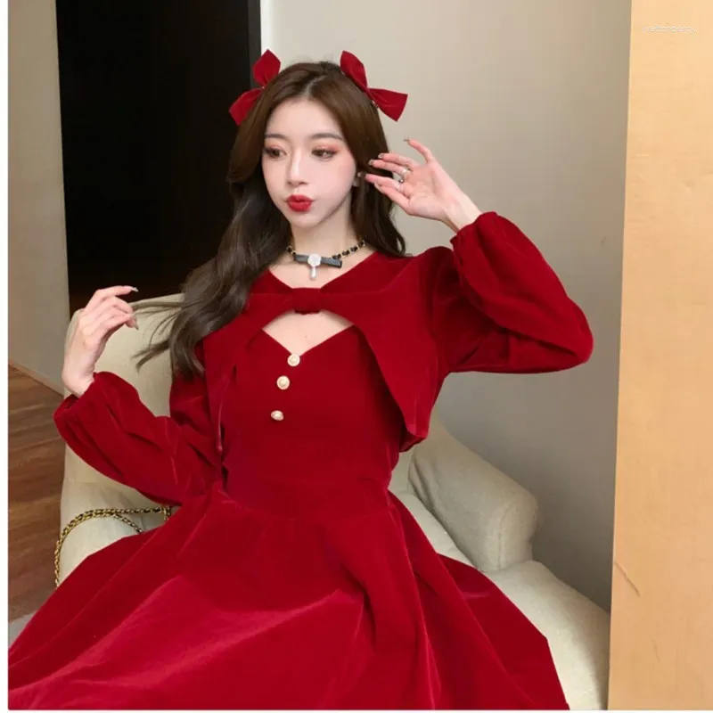 Red Velvet Princess Dress Set with Gold Velvet Suspender and Cinching