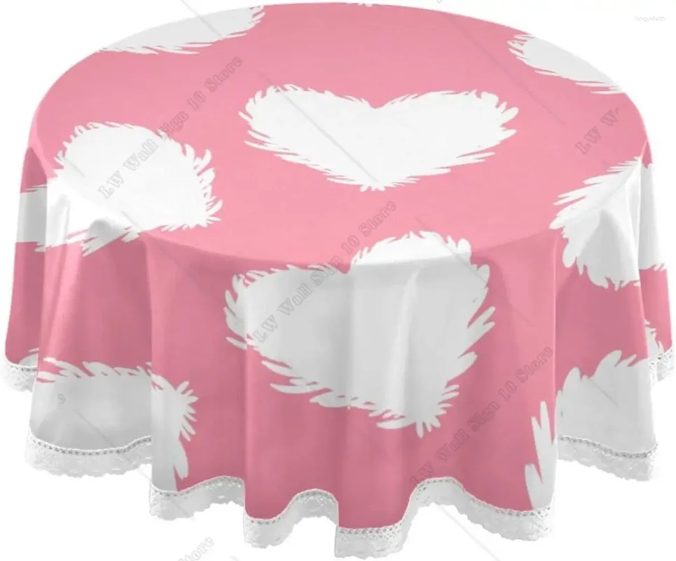 Nappe de table ronde en polyester lavable avec pompons en dentelle pour pique-nique, dîner, fête, diamètre 60 pouces