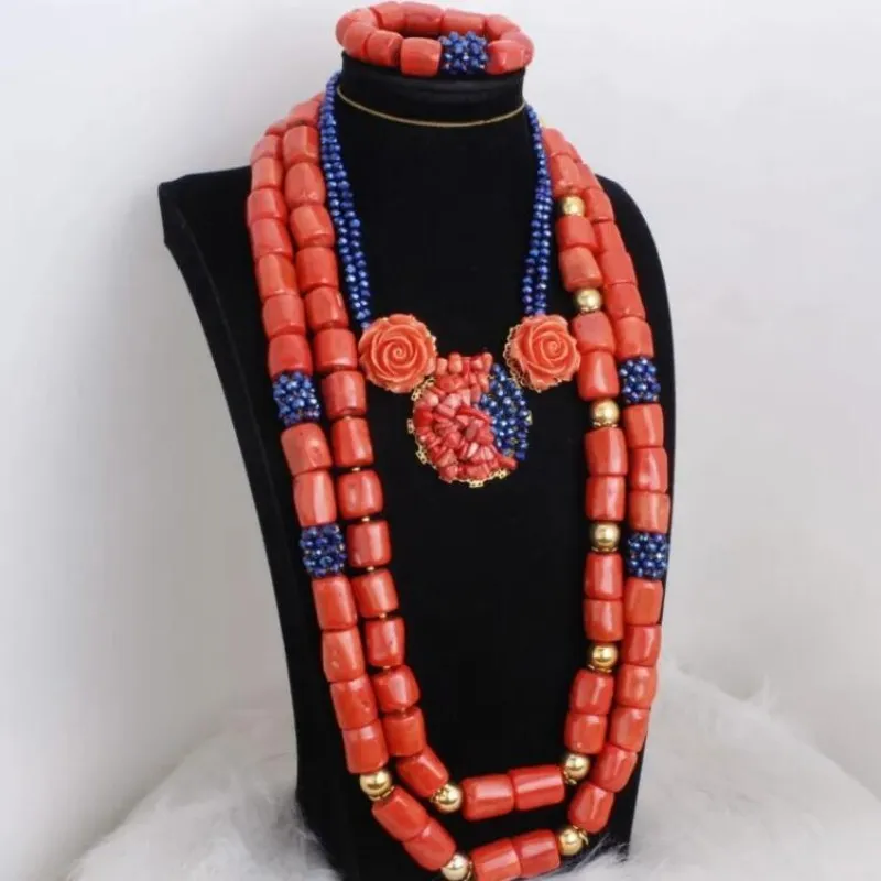 Dudo-Conjunto de joyería con cuentas de Coral natural africano, gargantilla de 3 capas naranja y azul y conjunto de joyería larga para bodas nigerianas, 2024