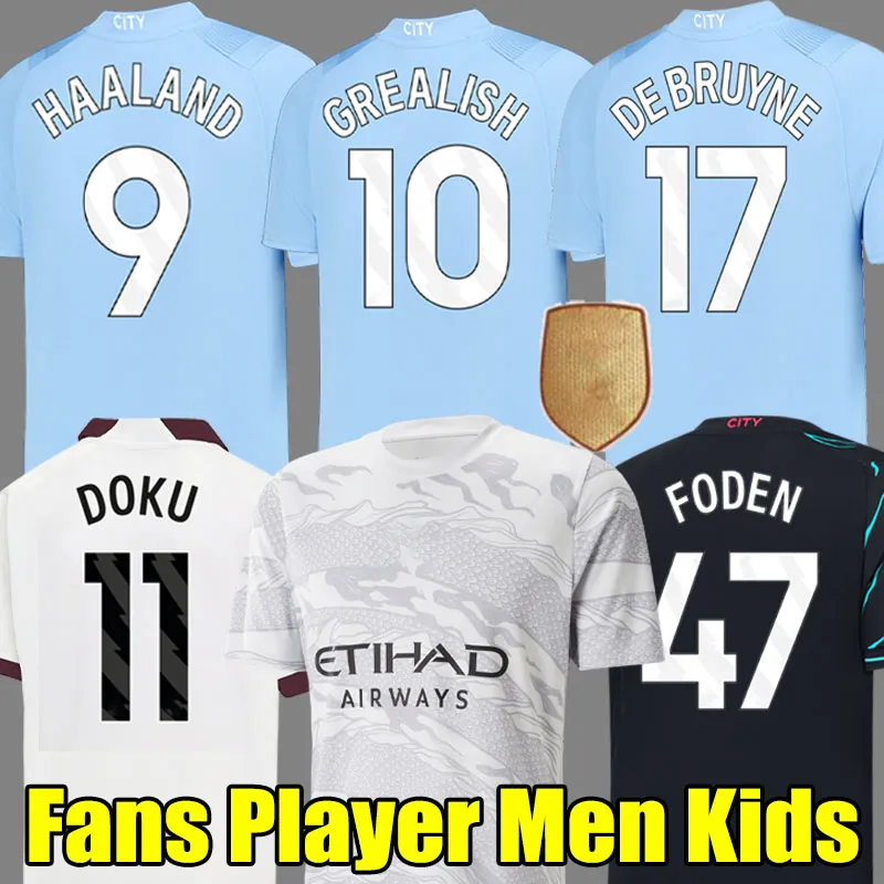 23 24 Haaland Soccer Jerseys Dragon Grealish Manchesters de Bruyne Mans Doku City Foden 3rd 2023 2024 남자 아이들 키트 축구 셔츠