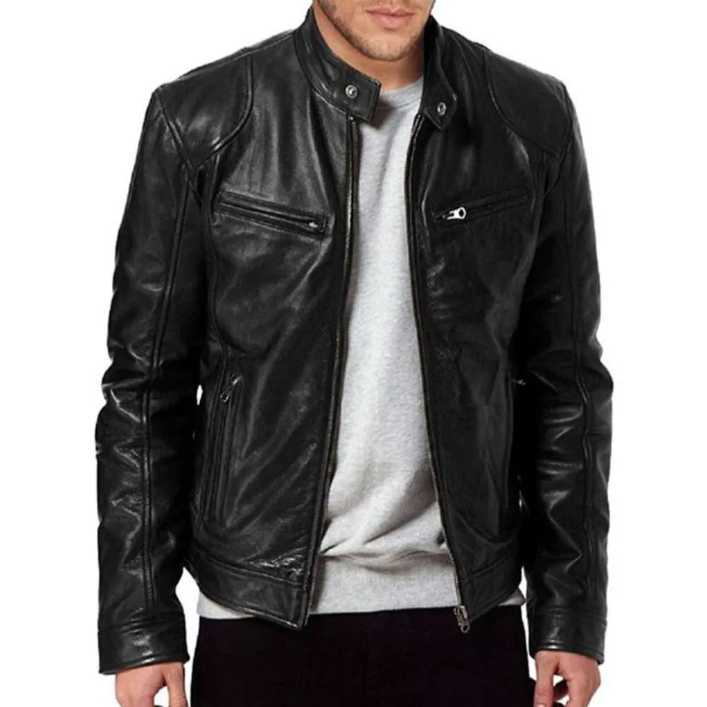 "Veste en cuir fausse fourrure style cool pour hommes - Coupe ajustée, manteau chaud d'extérieur coupe-vent pour motards, fermeture à glissière, noir/marron, à la mode et durable"