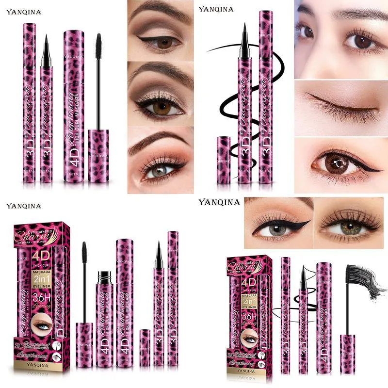 Mascara Yanqina Beauty Delineador de ojos con estampado de leopardo rojo Juego de maquillaje de 2 piezas Resistente al agua y antimanchas Entrega directa Ot1Wc