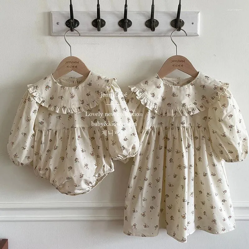 Robes de fille printemps automne style européen américain enfants robe de princesse bébé barboteuses à manches longues coton imprimé floral soeurs vêtements