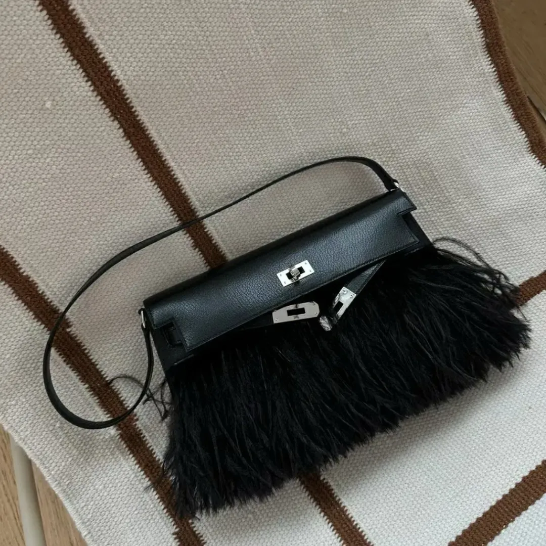 All handmade luxury women's handbags 10a mirror quality Special customization style designer bags real Ostrich hair splicing goatskin black with original box