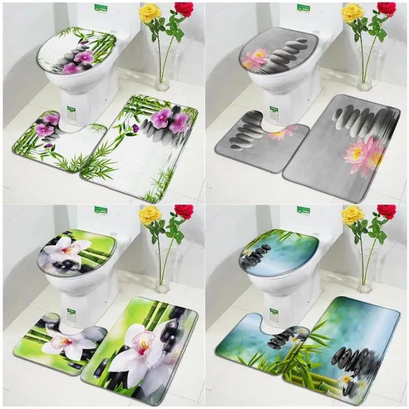 Bath Mats Zen Mat Set Green Bamboo Orchid Lotus Flowers Plant Black Stone Spa Scenery Bathroom Decor Non-Slip Rugs Toilet Lid Cover