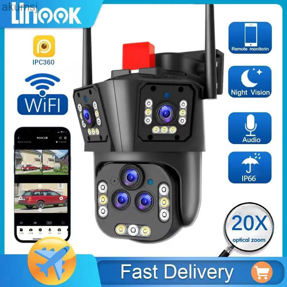 Drony Linook 20mp 8k 20x Zoom Wireless Outdoor CCTV Contened Connection Telefon Outdoor WiFi kamera 5 soczewek 360 stopni wodoodporny alarm YQ240129