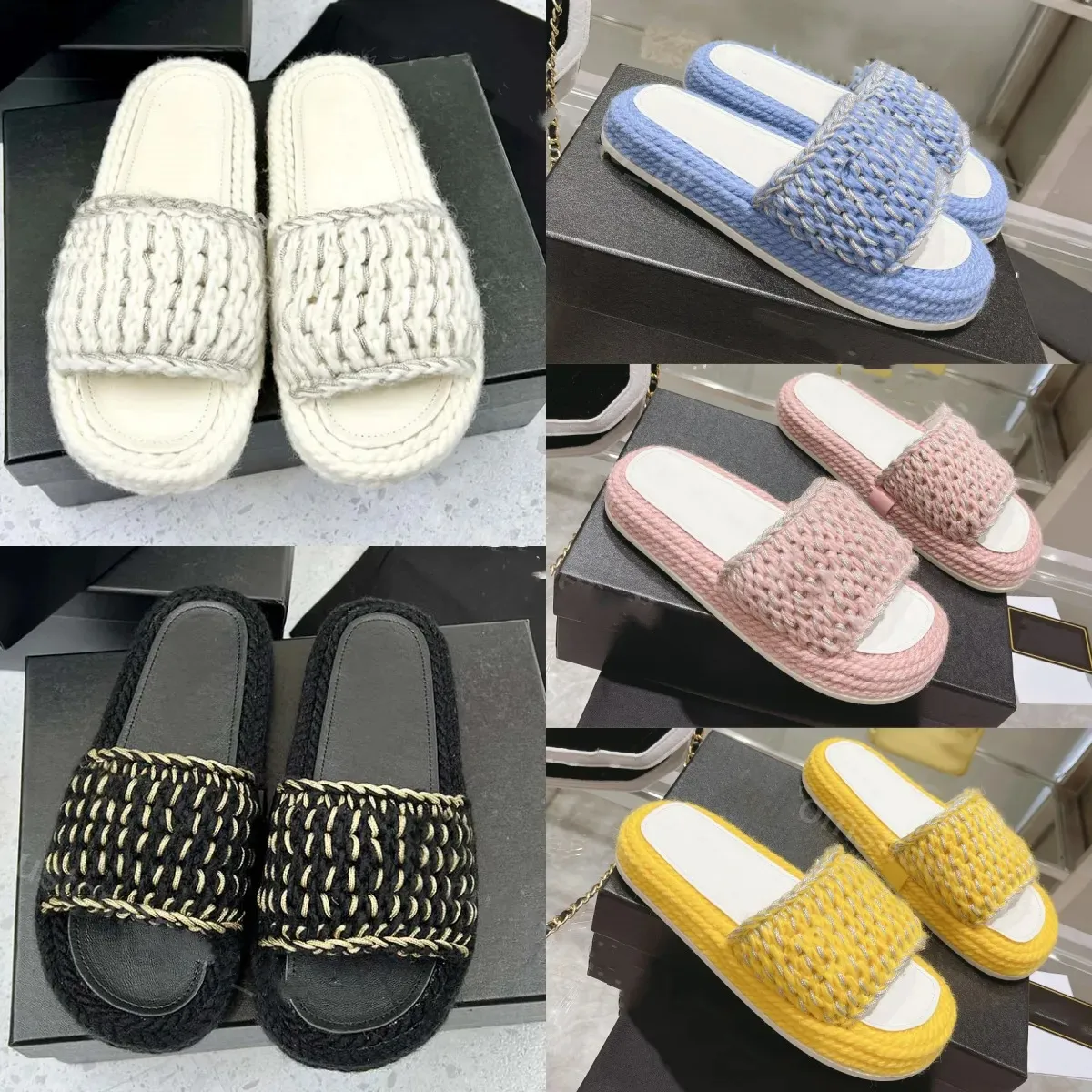 Designer Slippers Femmes Sandintes de miel tressé Sandales en laine en laine en laine Taux de luxe Plateforme de luxe Slite Mule rayée Fashion Summer Beach Chaussures Couleur de bonbons