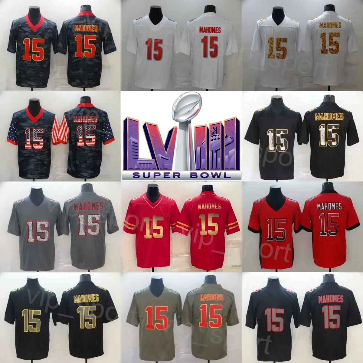 15 Patrick Mahomes Super Bowls LVIII Football Jerseys Mundur Hemp Grey Color Rush Bogini Hyfenation Shadow Flaga Flaga Flaga nietykalna sport Salute to Service