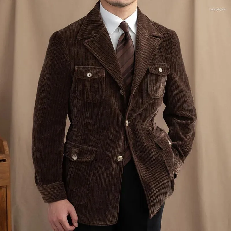 Herrjackor vinter toppkvalitet jacka lapel outwear coat lyx män corduroy trench fickor vintage smal passform