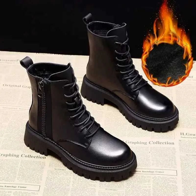 Boots Autumn and Winter Black Women's Boots Fashion Wear Resistant Women's Shoes Adding Cotton Zipper Women BootsL2401