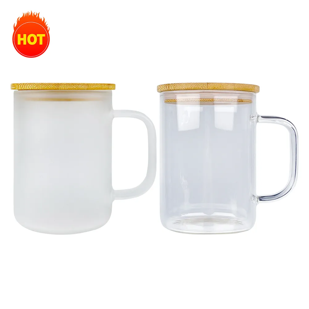 Caneca de cerveja com leite e chá a granel por atacado, vidro de alto teor de borosilicato, reutilizável, 17 onças, caneca de café de vidro sublimável fosco transparente com tampa de bambu e palha para impressão a quente