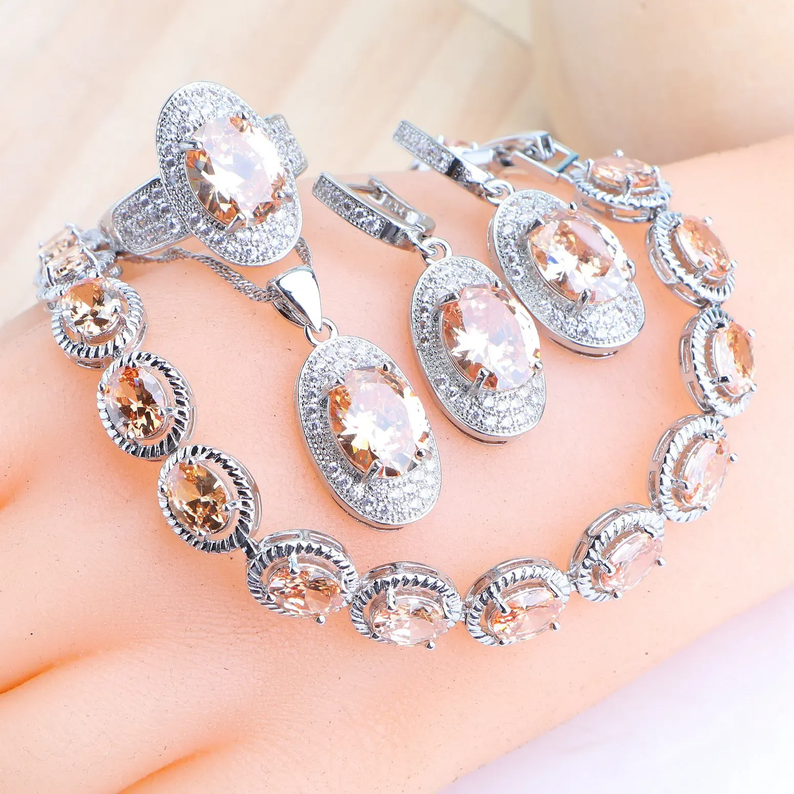 Halskette 925 Silberschmuck Sets Champagner -Zirkonsteine Ohrringe Eheringe Anhänger Halskette Braut Set Armbänder für Frauen