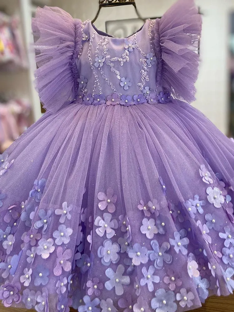Purple Flower Girl Dresses With Beadings & Handmade Flowers Purple Flower Girl Dresses With Beadings & Handmade Flowers