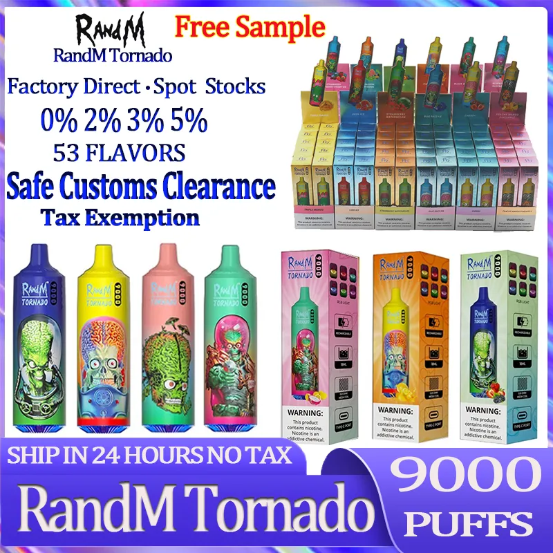 Original RandM Tornado 9000 Puff Disposable E Cigarettes 0.8ohm Mesh Coil 18ml Pod Battery Rechargeable Electronic Cigs Puff 9K 0% 2% 3% 5% RBG Light Vape Pen Kit