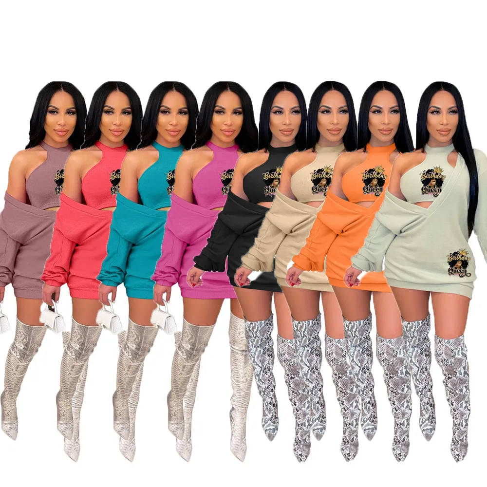 2024 Designer Queen Hoodie Dresses Women Long Sleeve Bodycon V Neck Dress and Tank Top Two Piece Sets Spring Clothes Streetwear Bulk Wholesale Clothing 10617