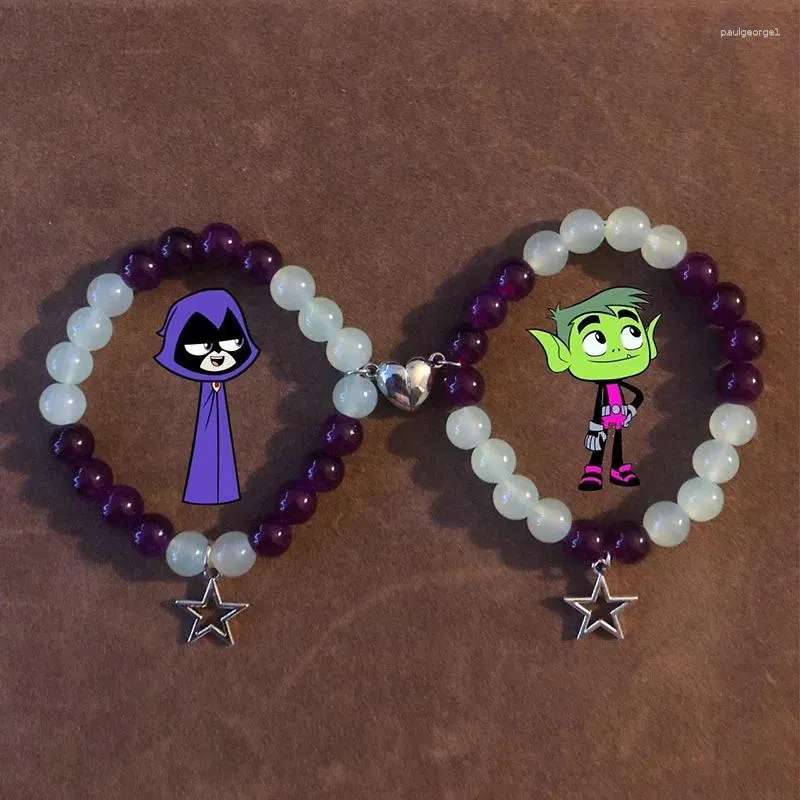 Strand Raven X Beast Boy Matching Bracelets Purple Green Magnetic Heart Gift Friendship Bracelet Y2k