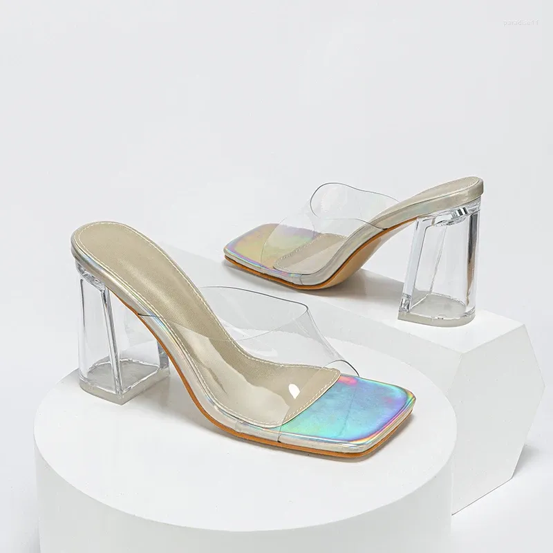 Klänningskor Fashion Fairy Style Transparent Plexiglass High Heels Open Toe Women's Slippers Square Sexiga catwalk sandaler