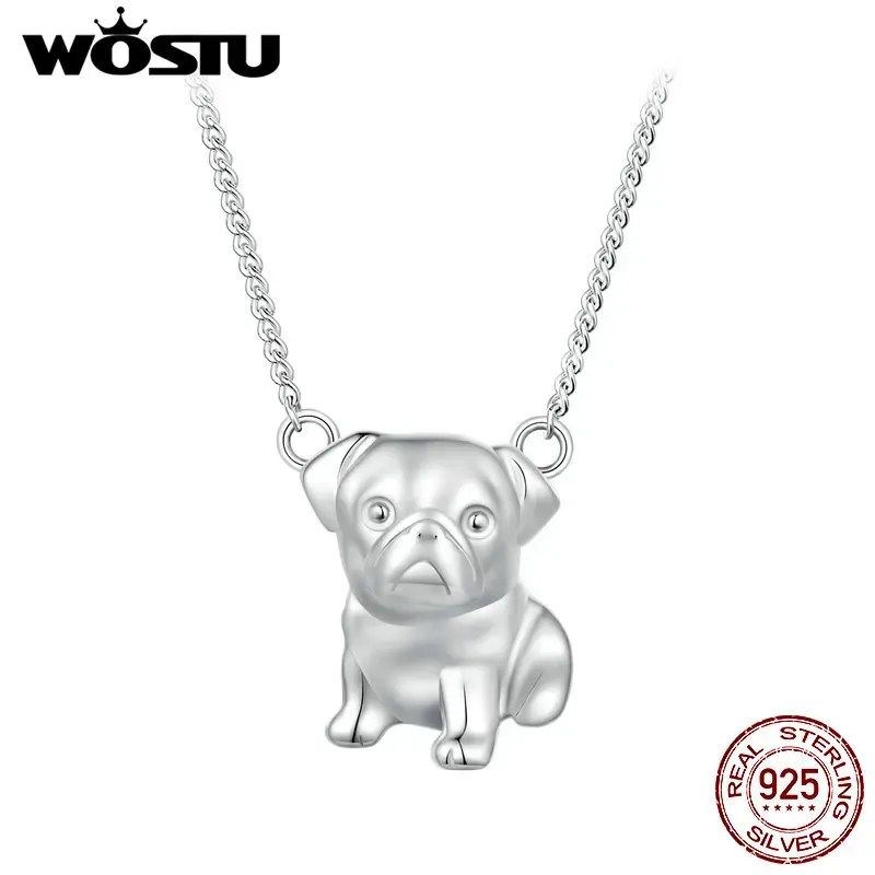 Kolye Wostu 925 STERLING Gümüş Sevimli Pug Kolye Kolye Pet Köpek Boyun Zinciri Kadınlar için Orijinal Tasarım Güzel Takı Doğum Günü Hediyesi