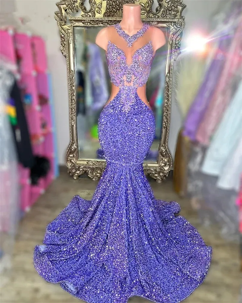 Lilac Diamonds New Sequins Mermaid Prom Dresses 2024 for Black Girls Bead Crystal Rhinestones Gown Birthday Party Gowns s