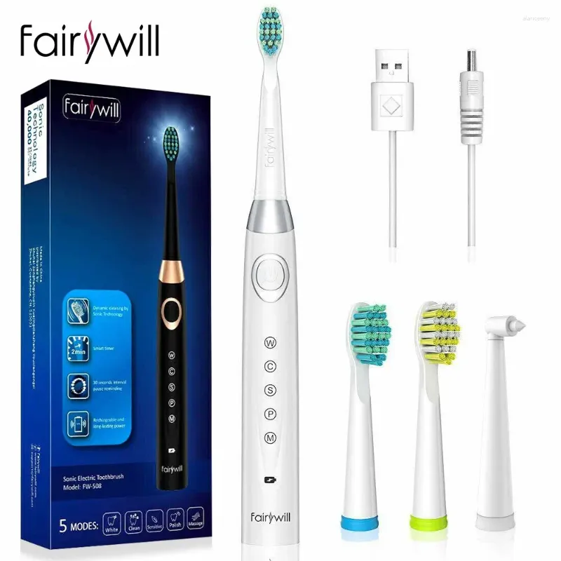 Fairywill FW-508 Sonic Electric Toothbrush Rechargeable Timer Brush 5 Modes Fast Charge Tooth 4 Heads For Adults