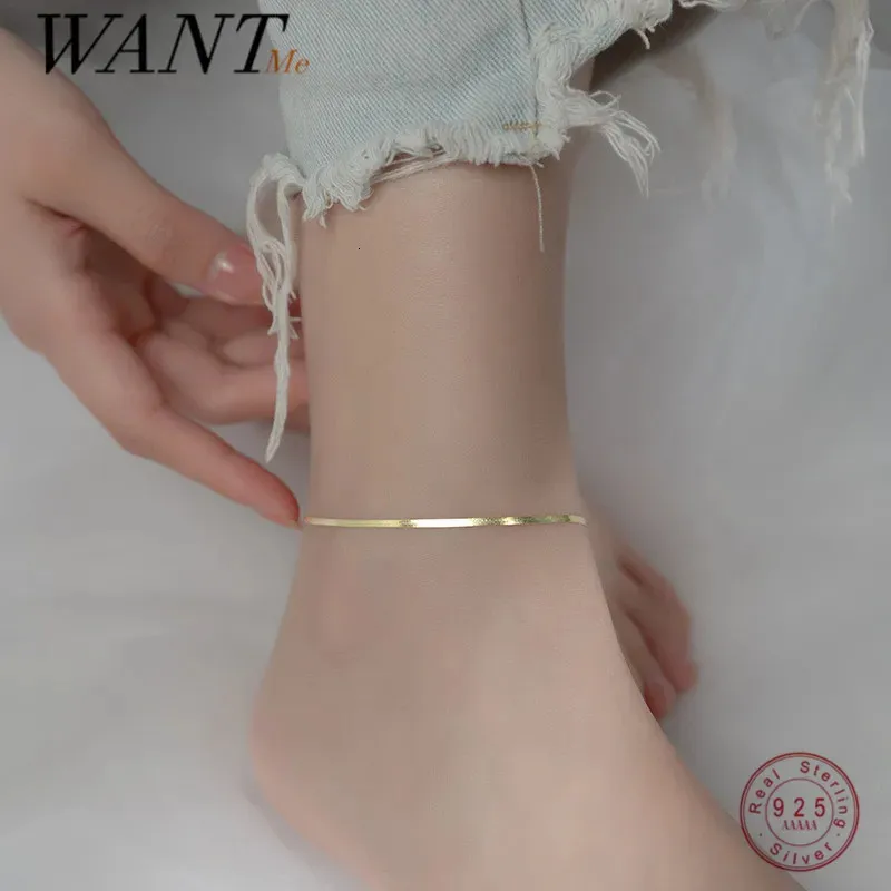 Wantme 925 Sterling Silver Minimalist 18K Gold Glossy Snake Bone anklet for Women Beach Summer Charm Party Jewelry Accessories 240119